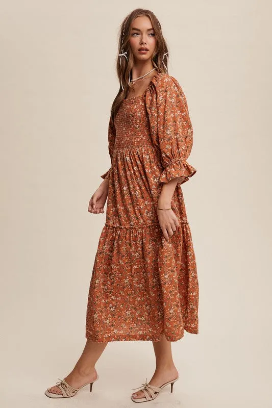 Floral Print sqaure neck smocked midi dress