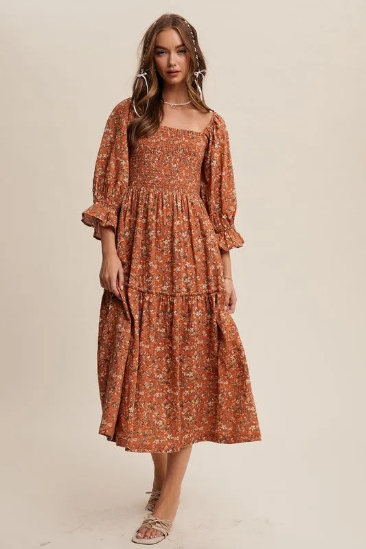 Floral Print sqaure neck smocked midi dress