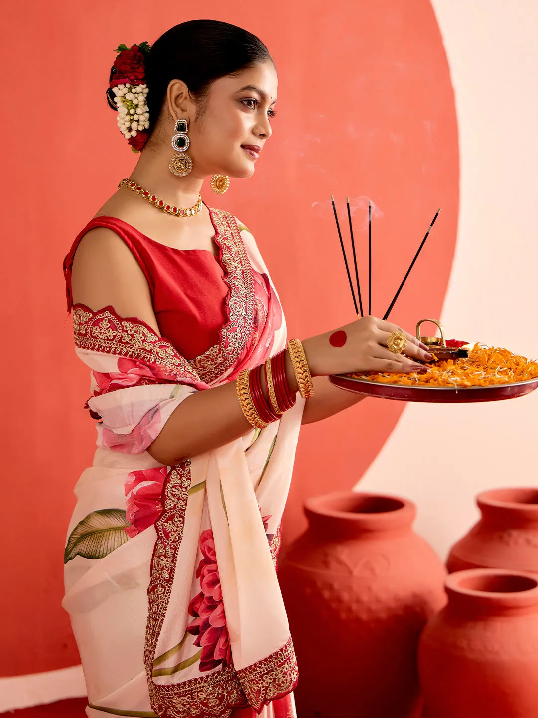 Floral Printed Fancy Lace Satin Saree