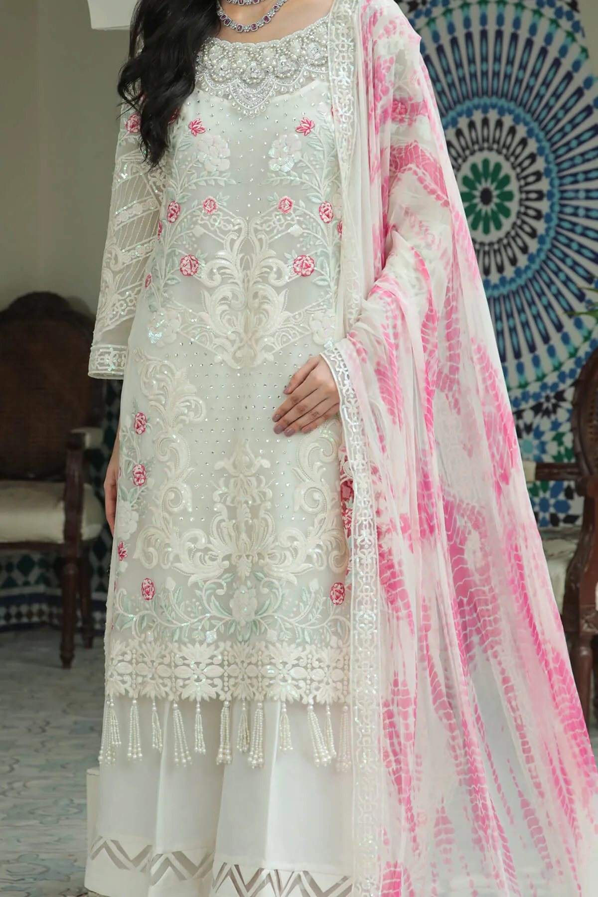 Floral Snow White Embroidered Pakistani Salwar Kameez Suit with Dupatta