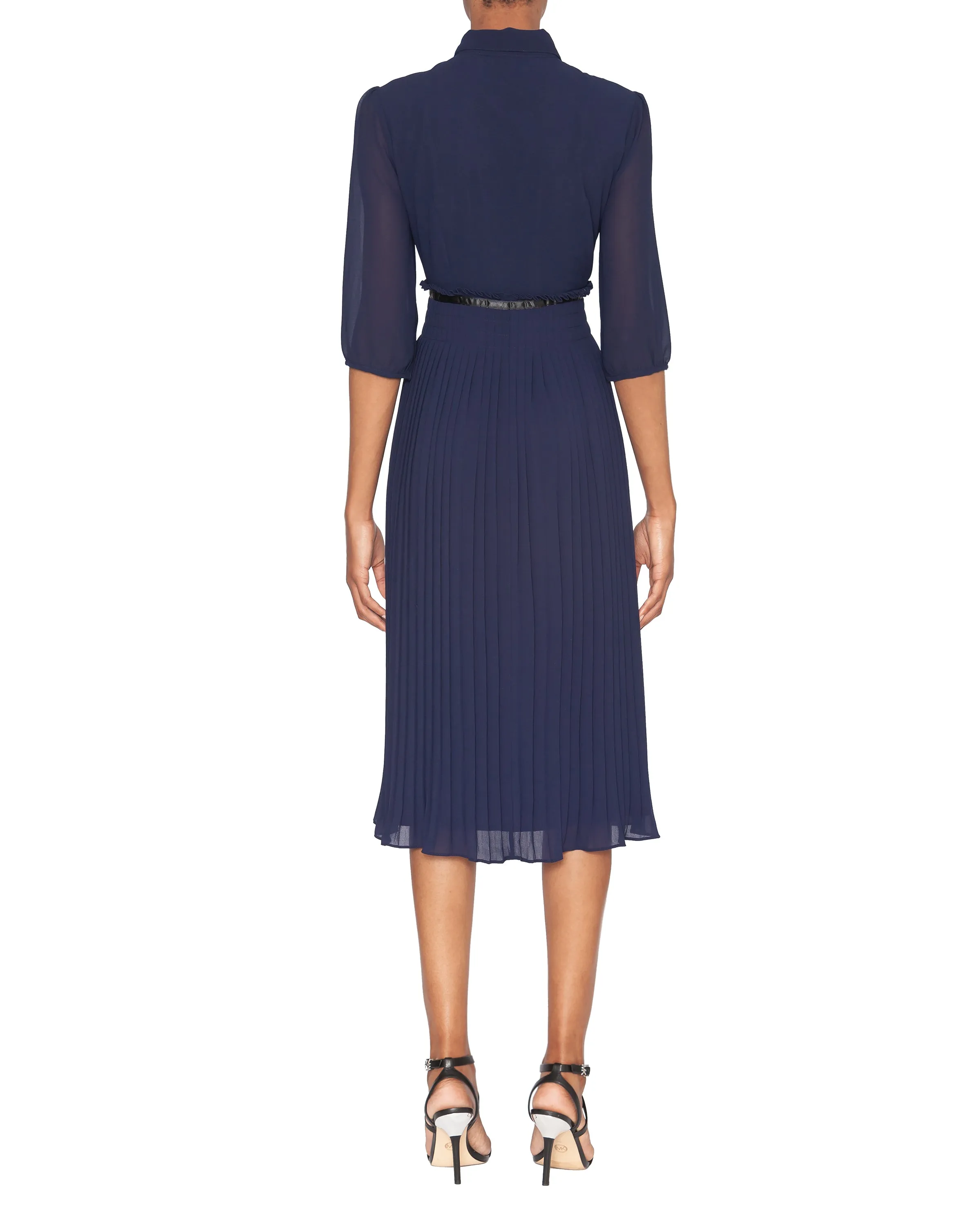 FOCUS by Shani — Pleated Georgette Midi Shirt Dress in Navy