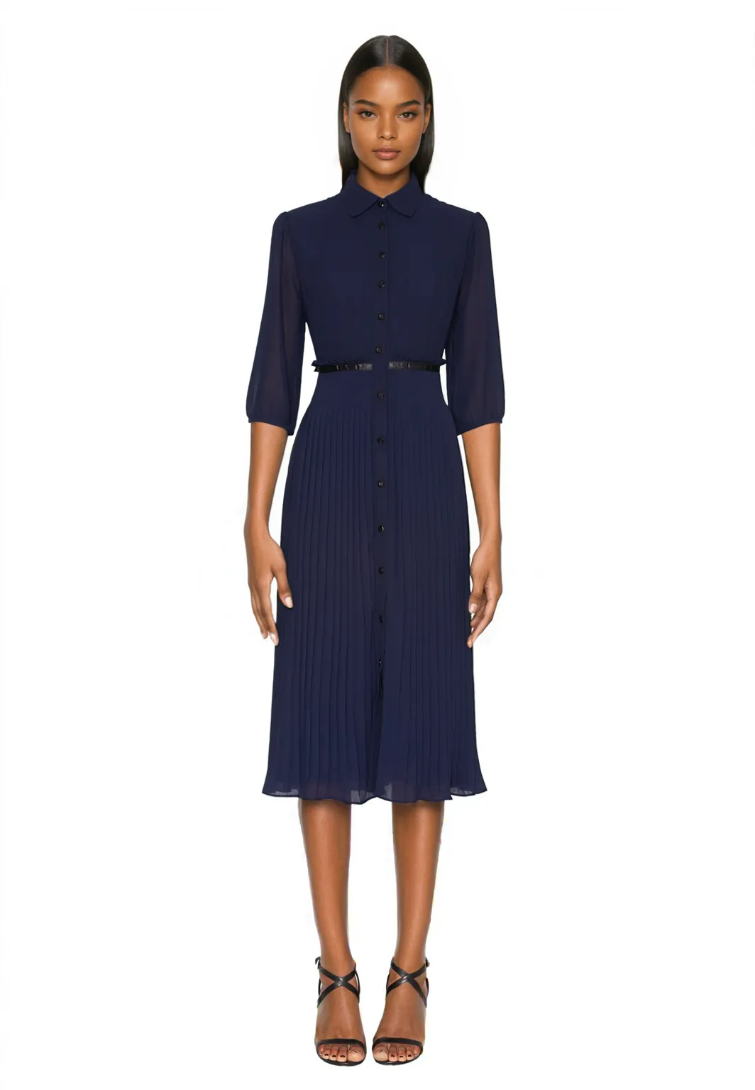 FOCUS by Shani — Pleated Georgette Midi Shirt Dress in Navy