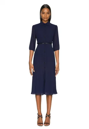 FOCUS by Shani — Pleated Georgette Midi Shirt Dress in Navy