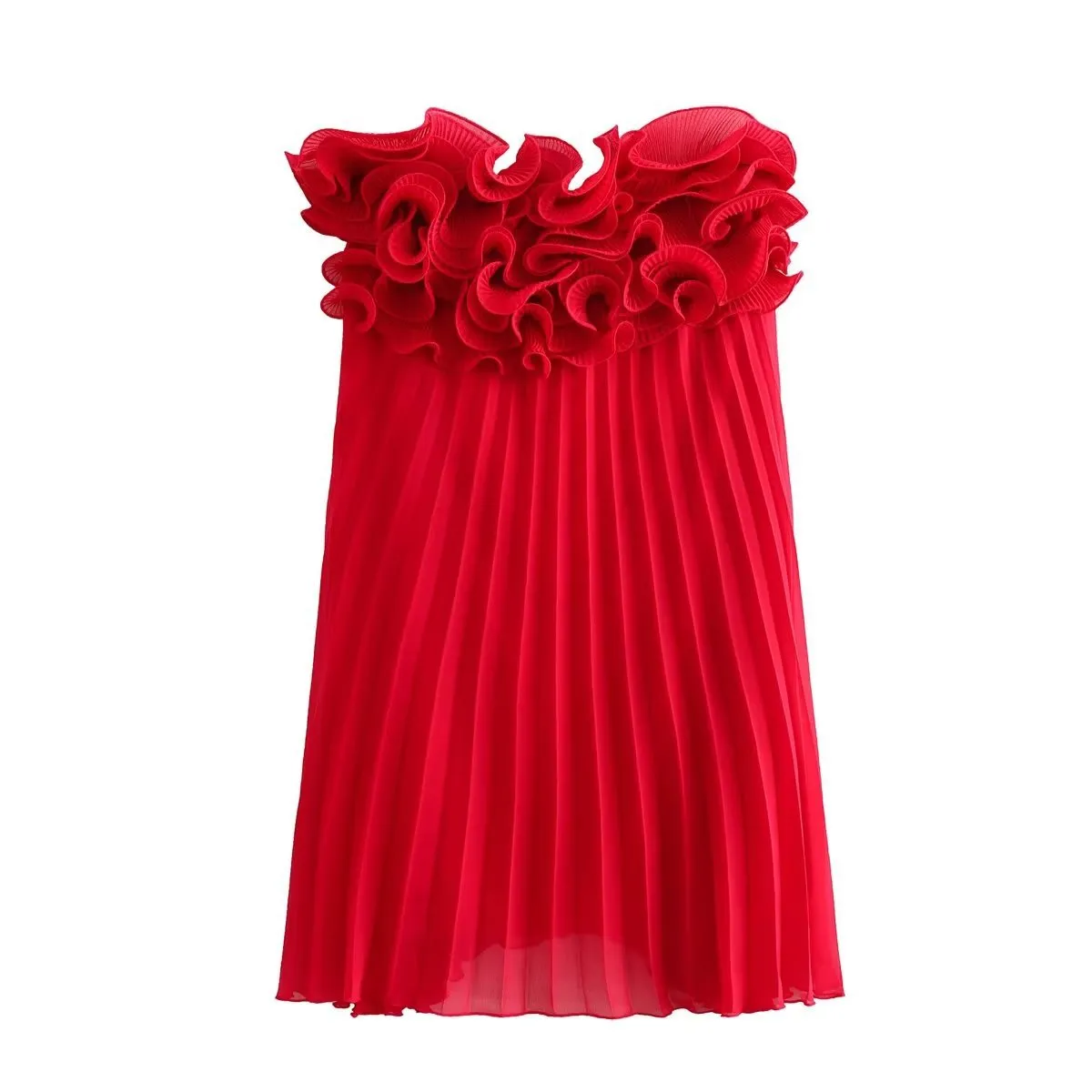 Foreign Trade Wholesale2023Autumn New European and American Style Small Pleated Laminated Decoration Mini Dress Short Strapless Dress