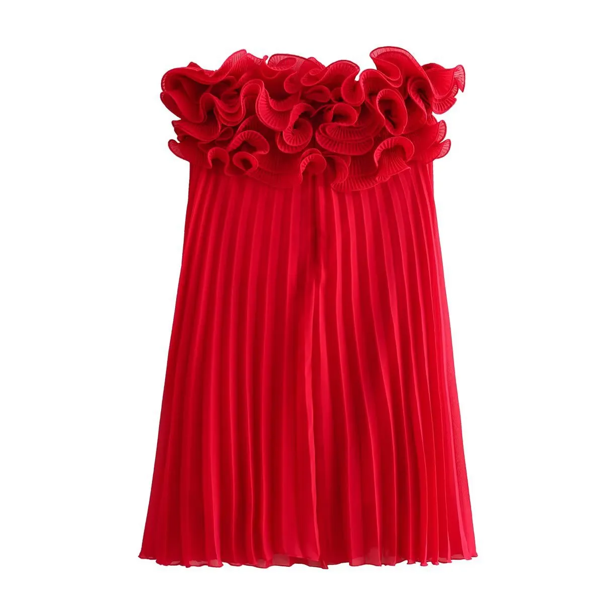 Foreign Trade Wholesale2023Autumn New European and American Style Small Pleated Laminated Decoration Mini Dress Short Strapless Dress