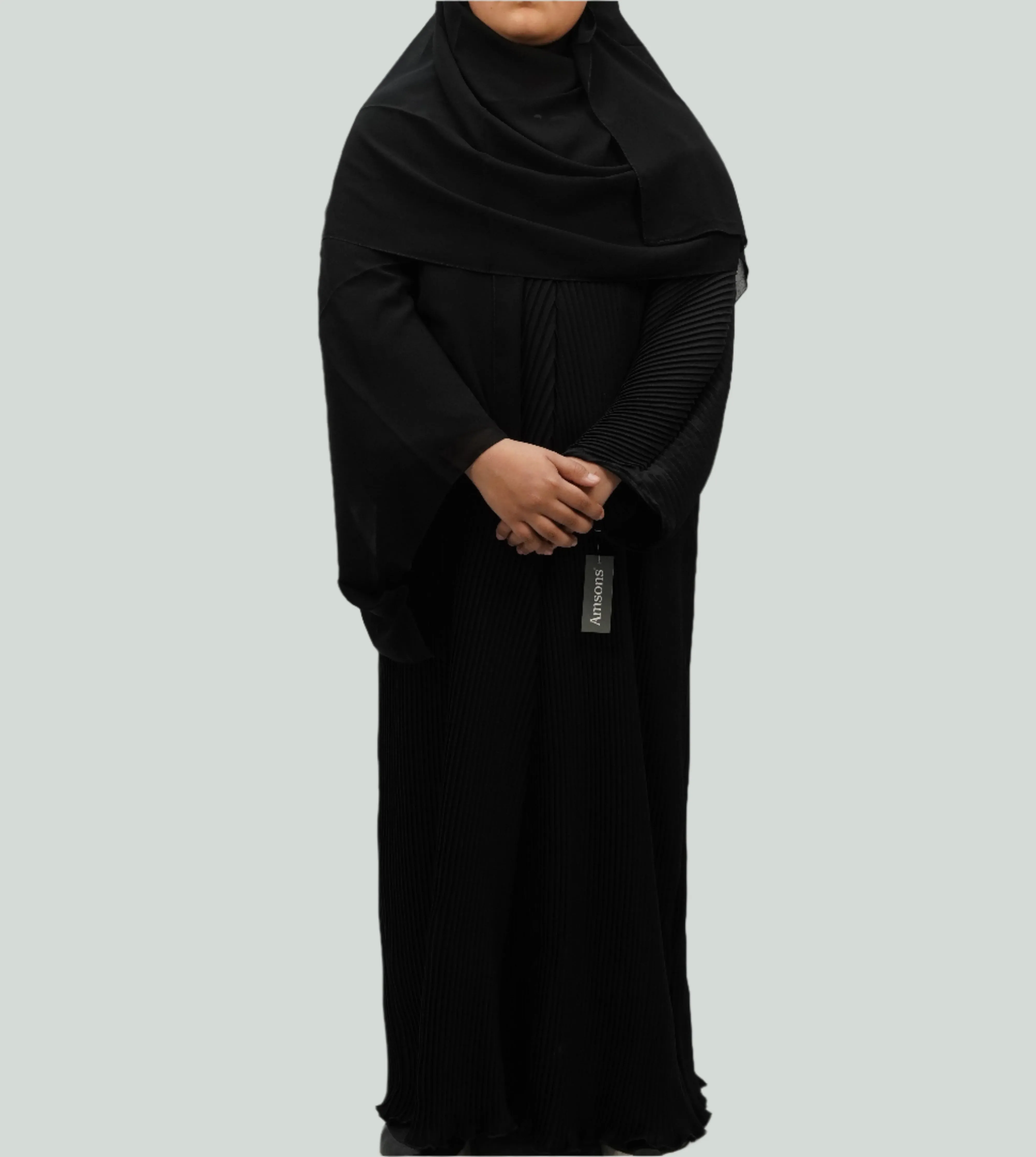 Girls Pleated Batwing Abaya - Black