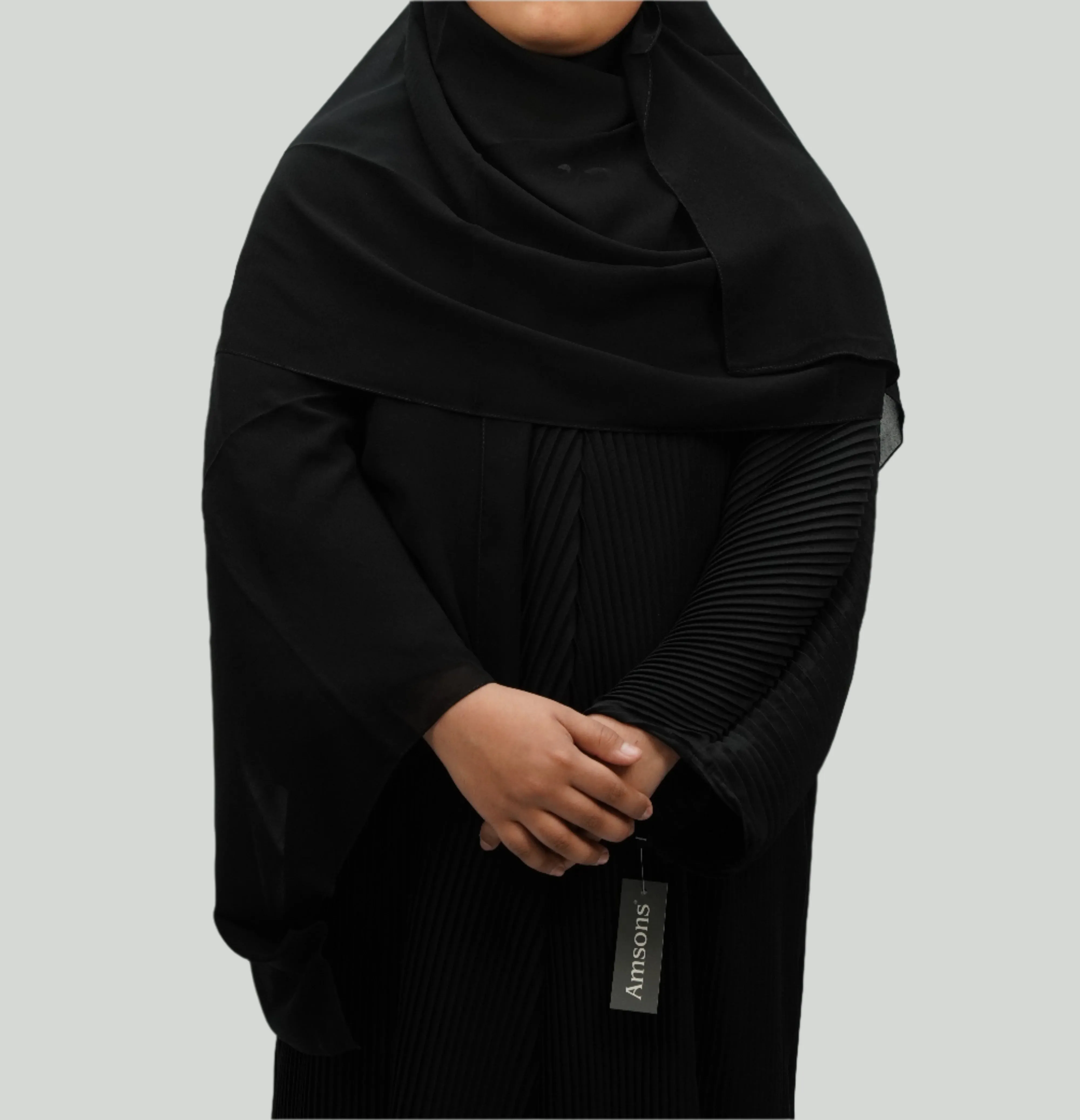 Girls Pleated Batwing Abaya - Black