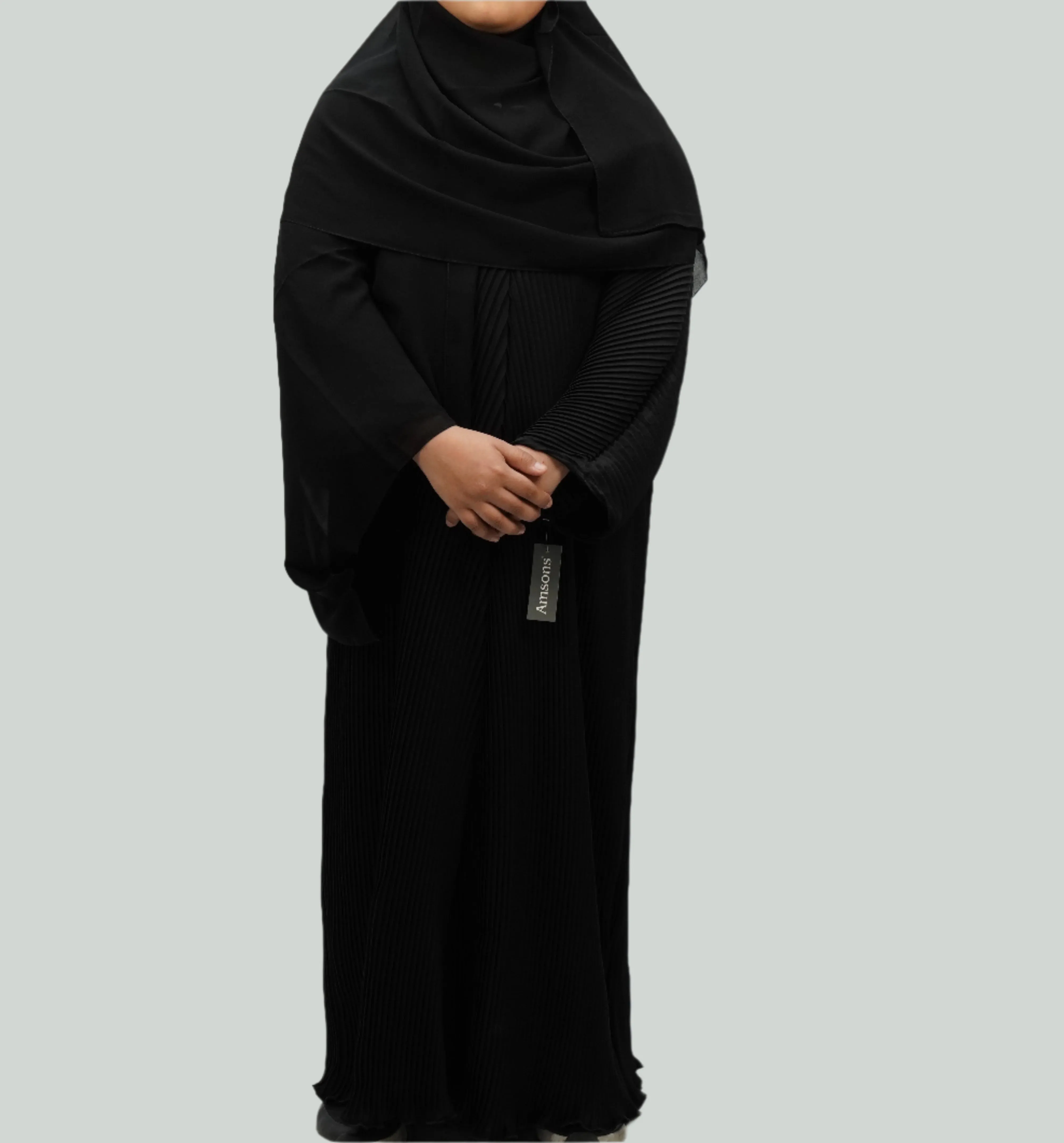 Girls Pleated Batwing Abaya - Black