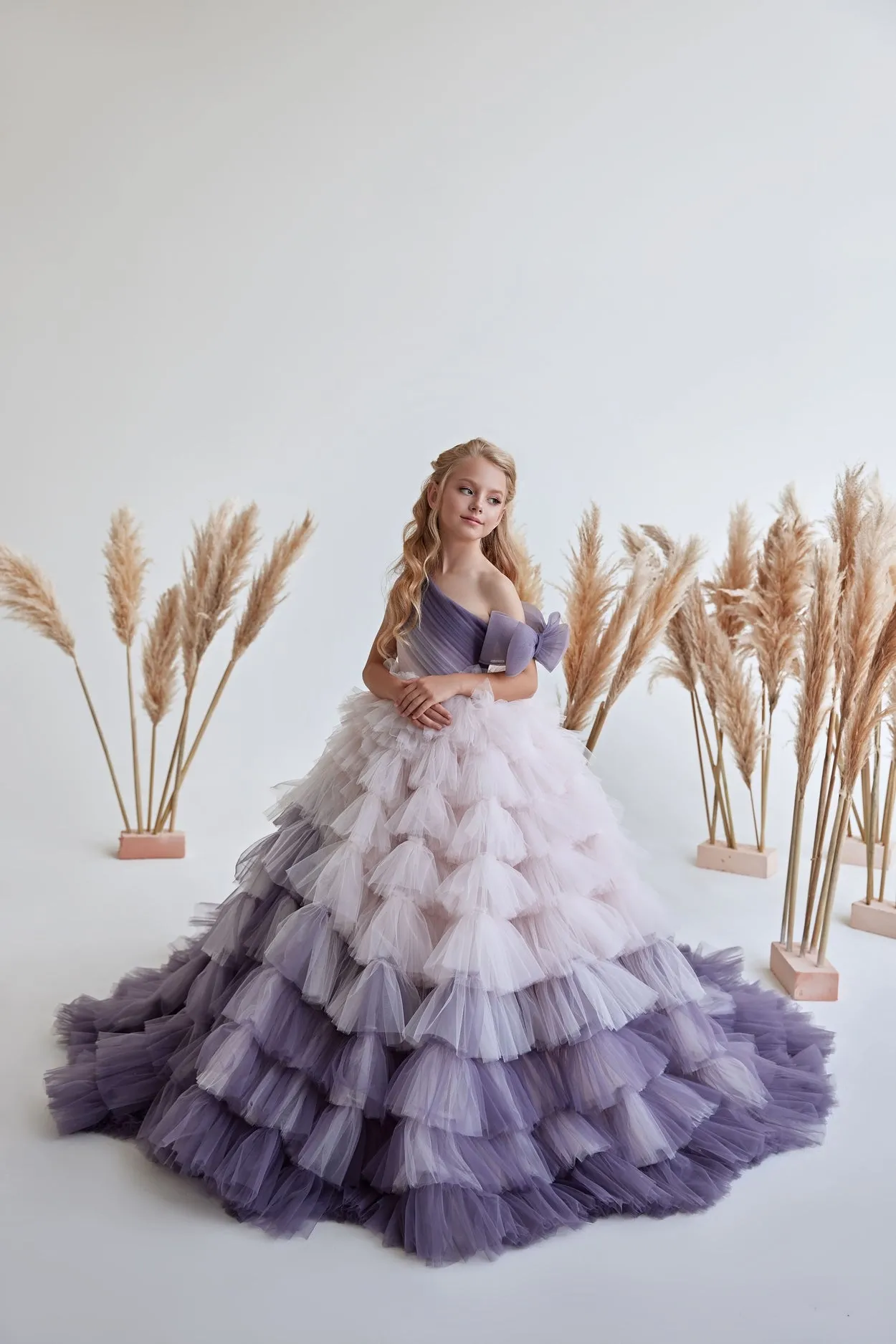 Girls Special Occasion Purple Gradient Ruffle Dress