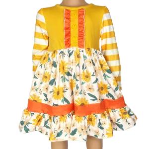 Girls Yellow & Orange Daisy Floral Fall Long Sleeve Dress