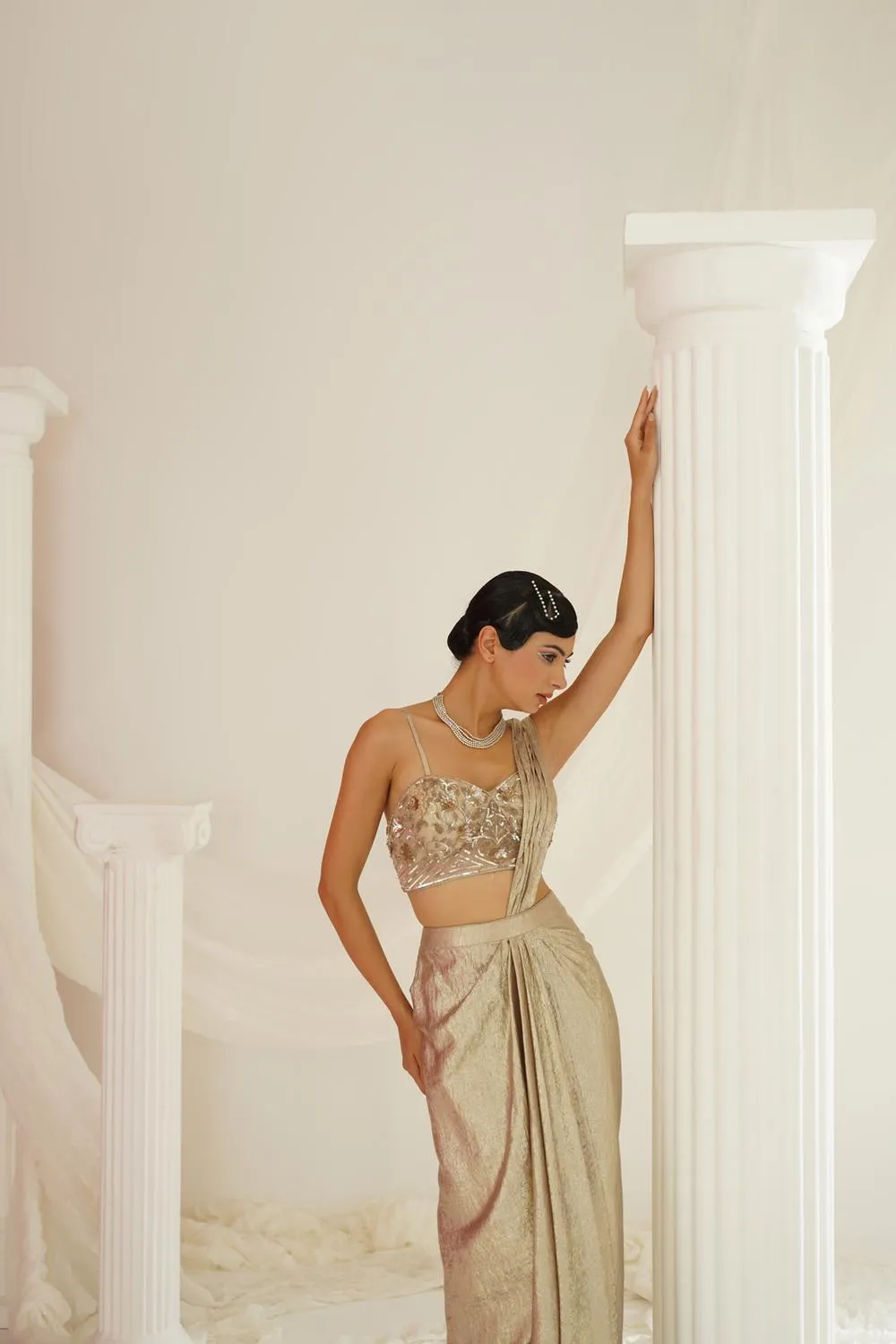Gold Embroidered Blouse With  Ready To Wear Drape Saree Set