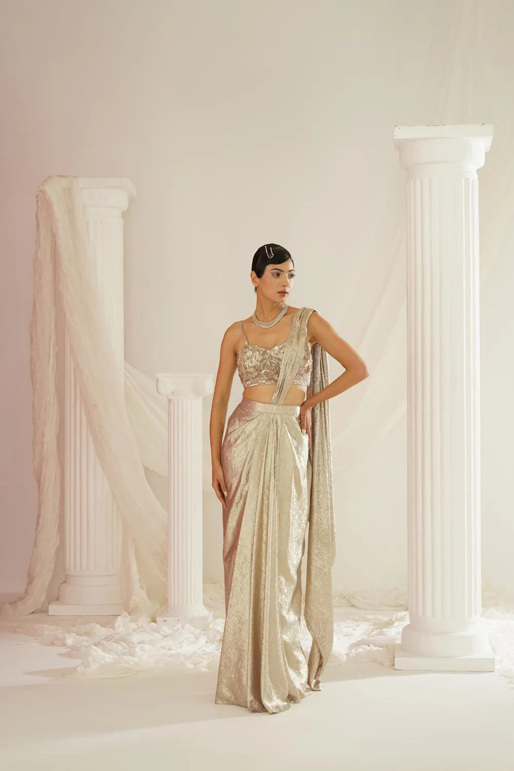 Gold Embroidered Blouse With  Ready To Wear Drape Saree Set