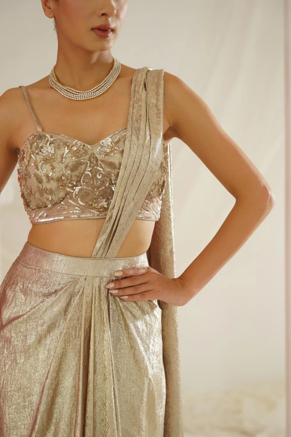 Gold Embroidered Blouse With  Ready To Wear Drape Saree Set