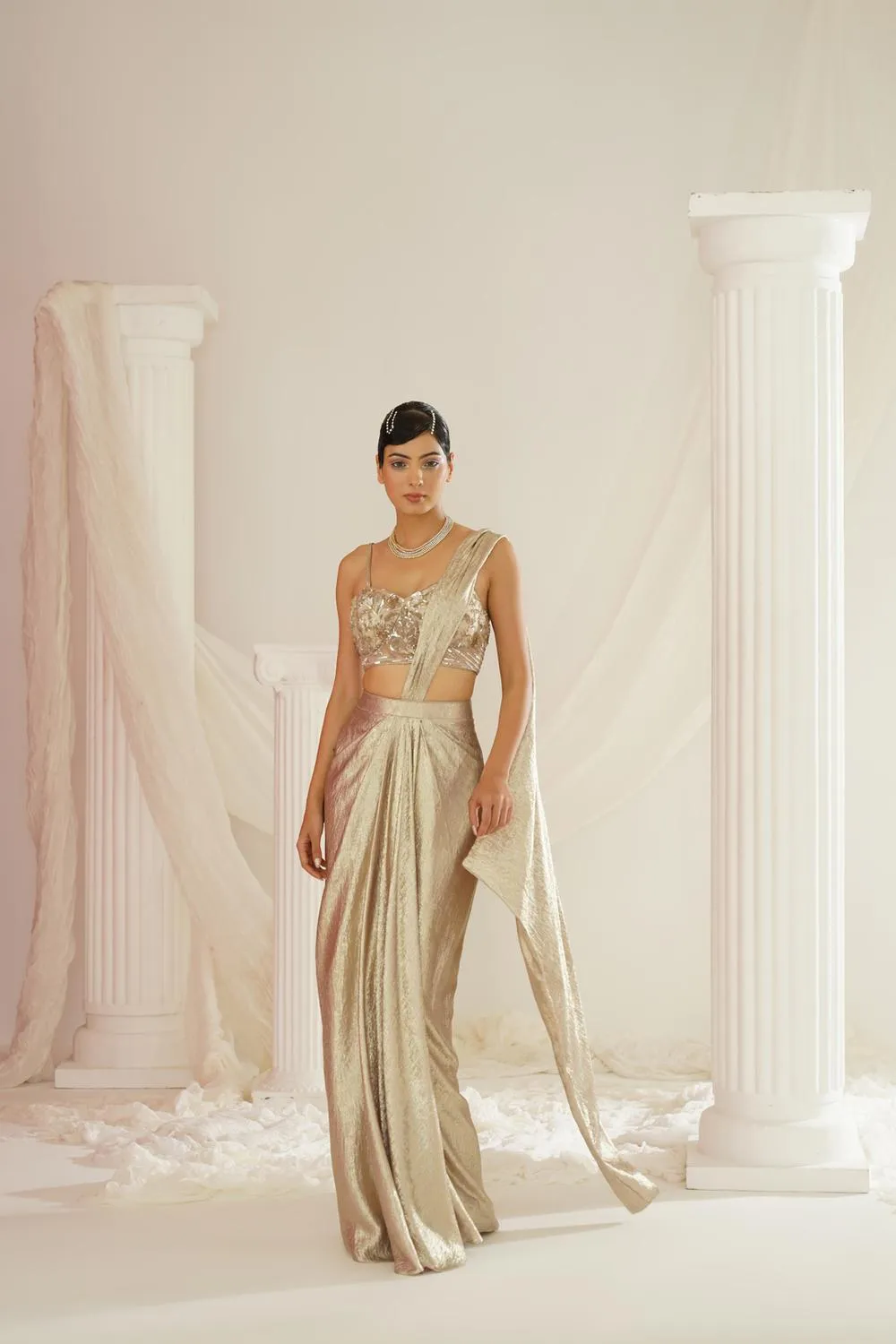Gold Embroidered Blouse With  Ready To Wear Drape Saree Set