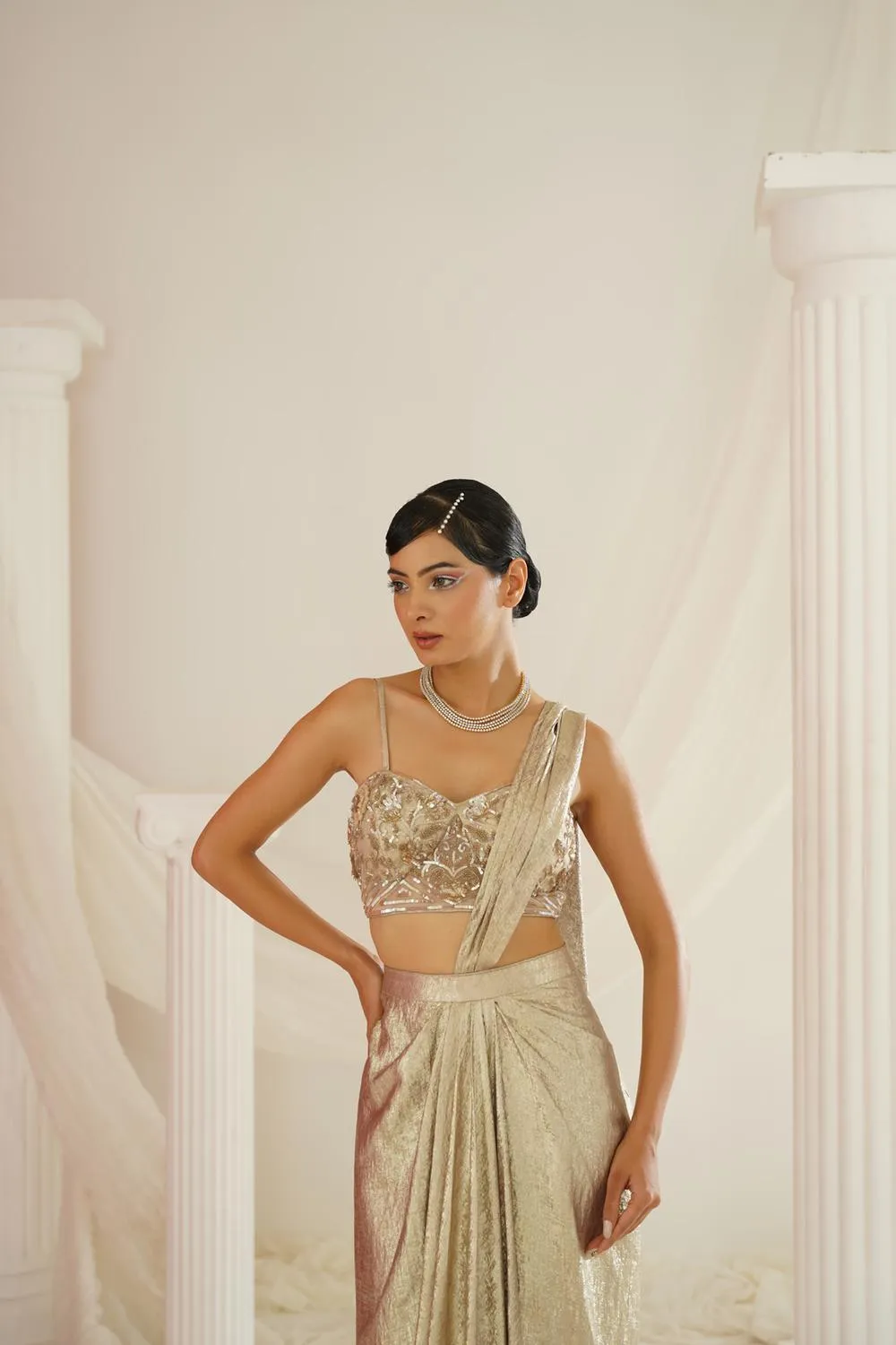 Gold Embroidered Blouse With  Ready To Wear Drape Saree Set