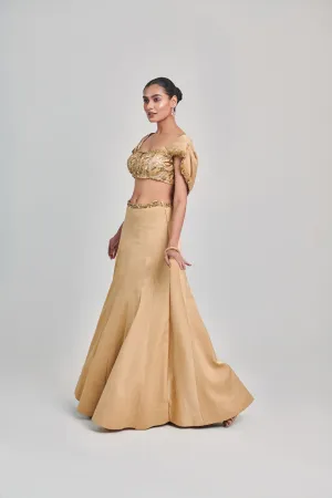Golden Cowl Sleeves; Cutwork Blouse Kalidar Skirt Set