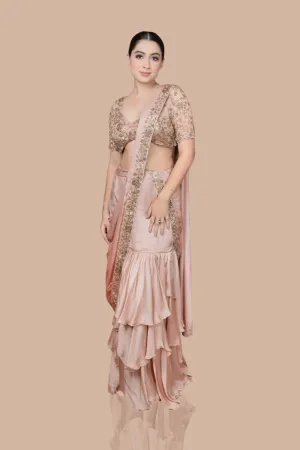 Golden Skirt Saree With Hand Embroidered Blouse And Drape