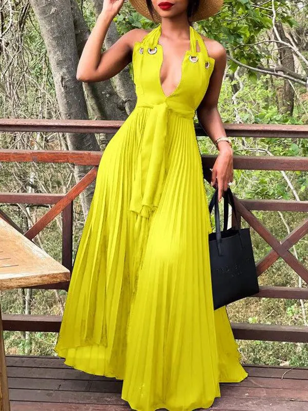 Gorgeousladie Halter Pleated Maxi Dress