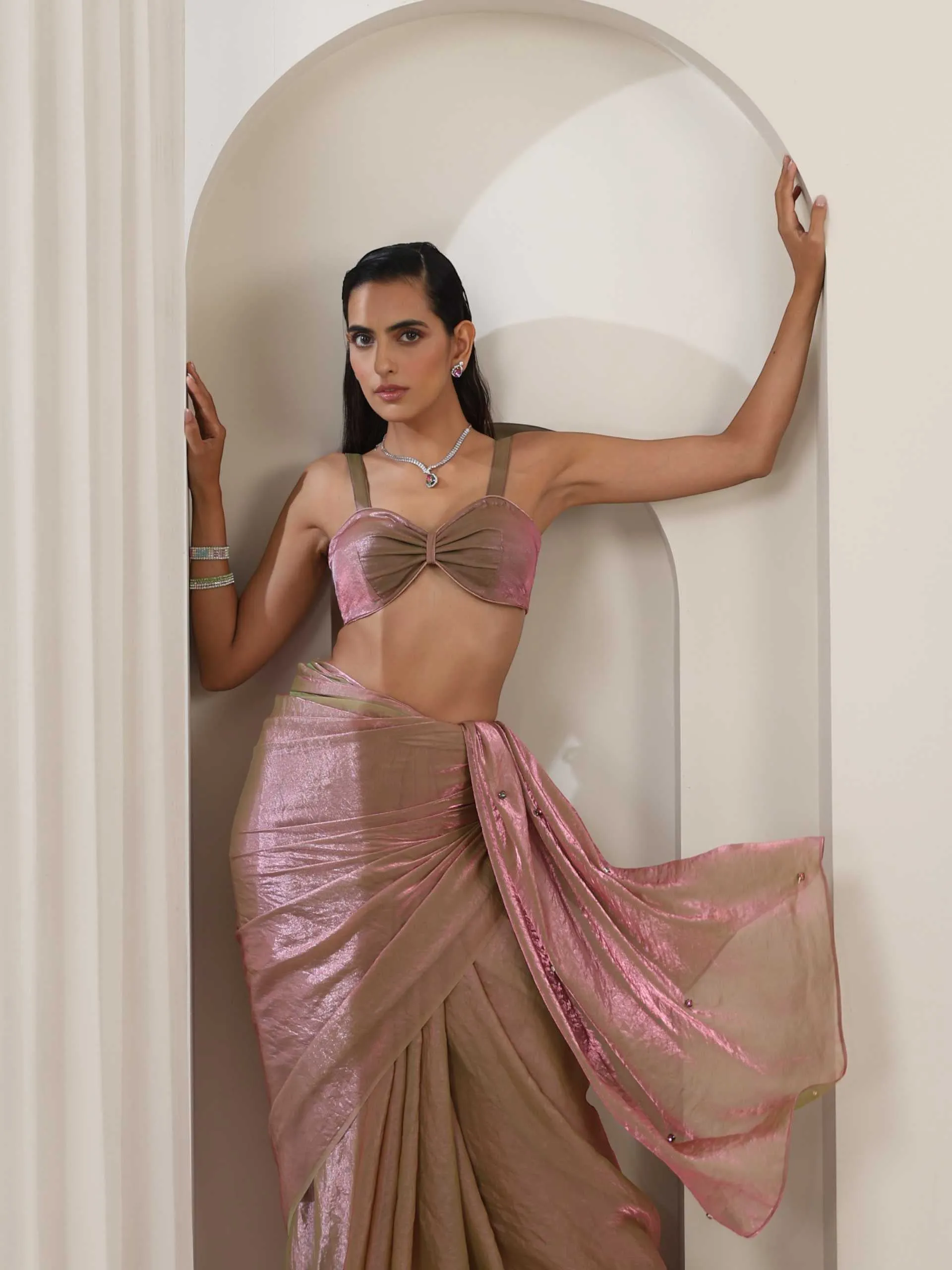 Grass is Pink Metallic Satin Saree with Chameleon Diamonds and Blouse Fabric