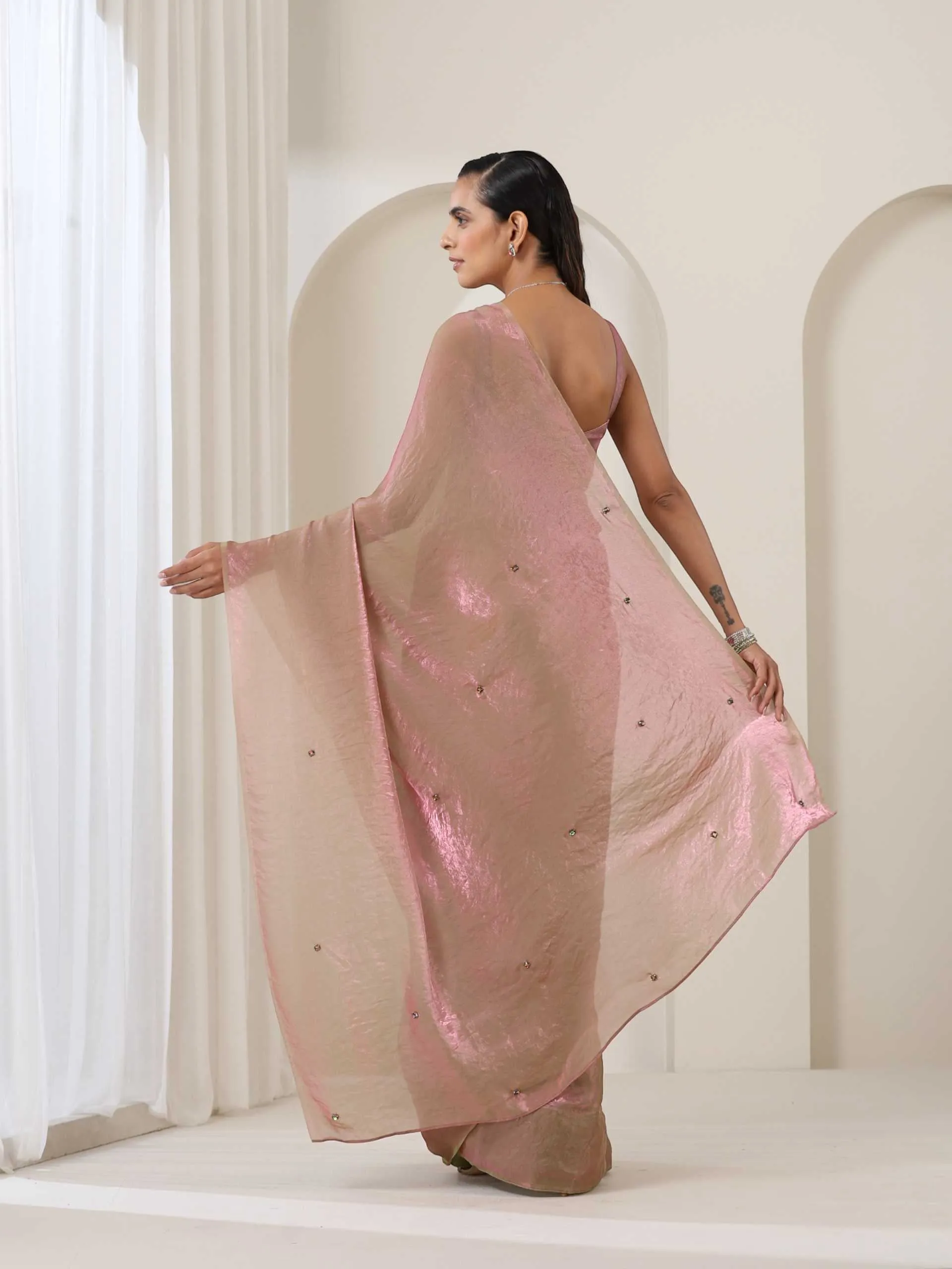 Grass is Pink Metallic Satin Saree with Chameleon Diamonds and Blouse Fabric