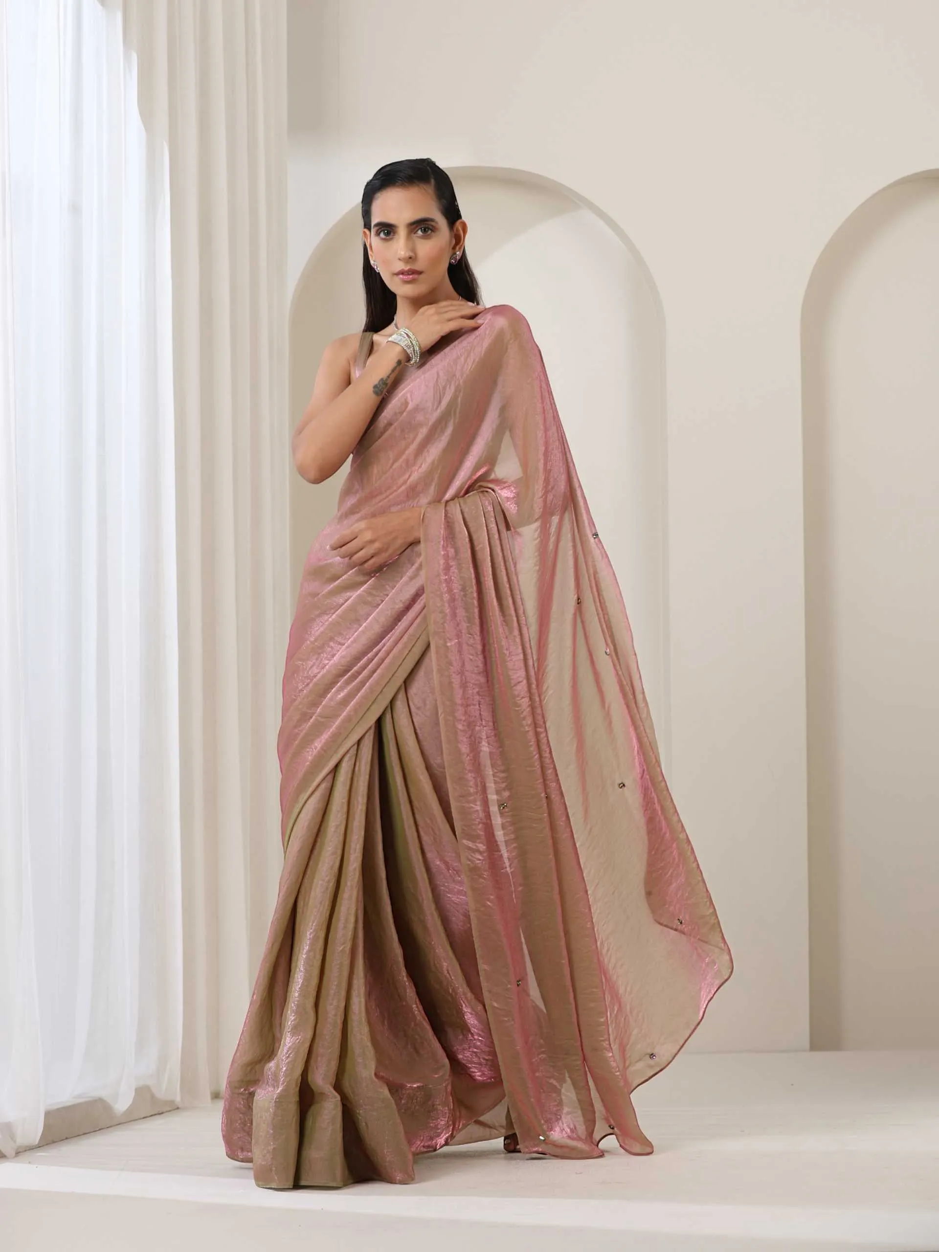 Grass is Pink Metallic Satin Saree with Chameleon Diamonds and Blouse Fabric