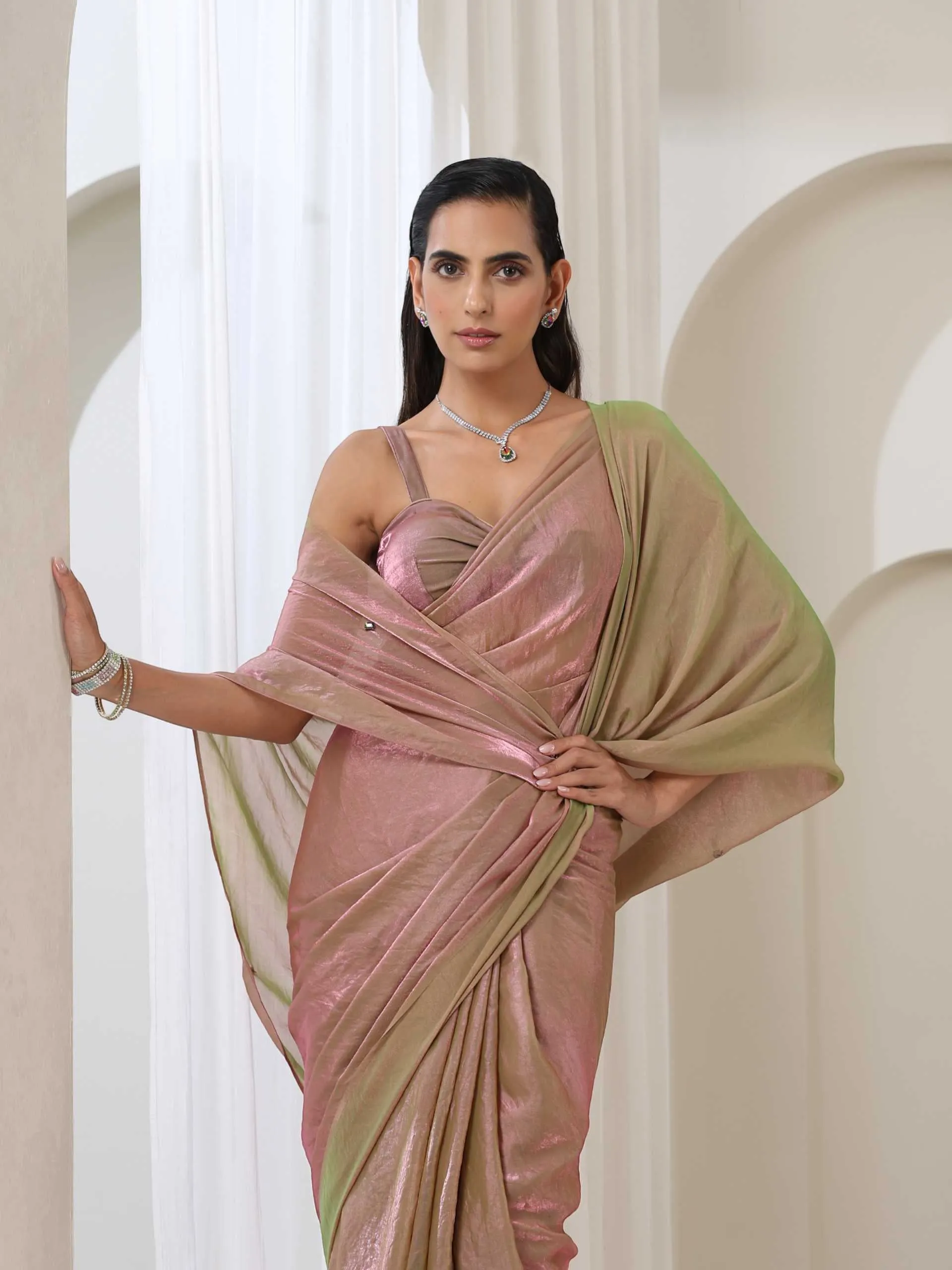 Grass is Pink Metallic Satin Saree with Chameleon Diamonds and Blouse Fabric