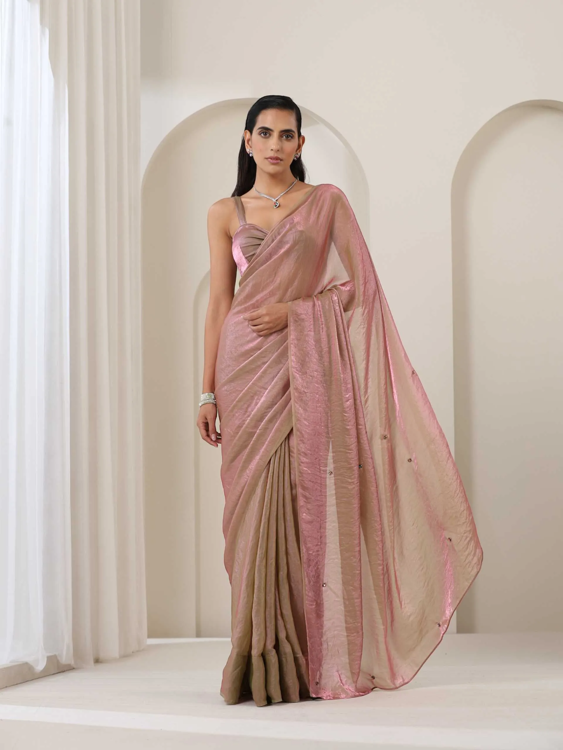 Grass is Pink Metallic Satin Saree with Chameleon Diamonds and Blouse Fabric
