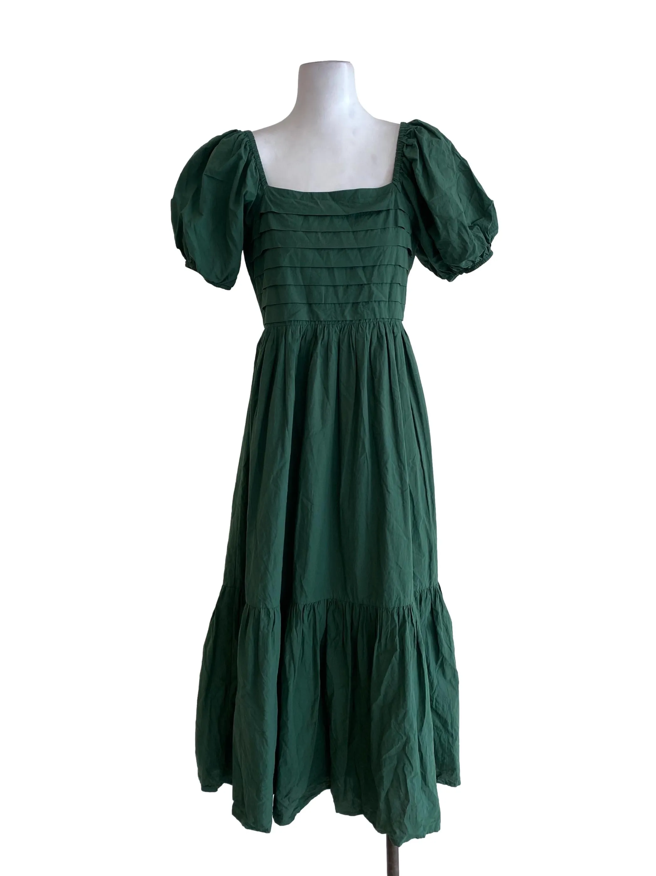 Green Half Pleated Blouson Dress