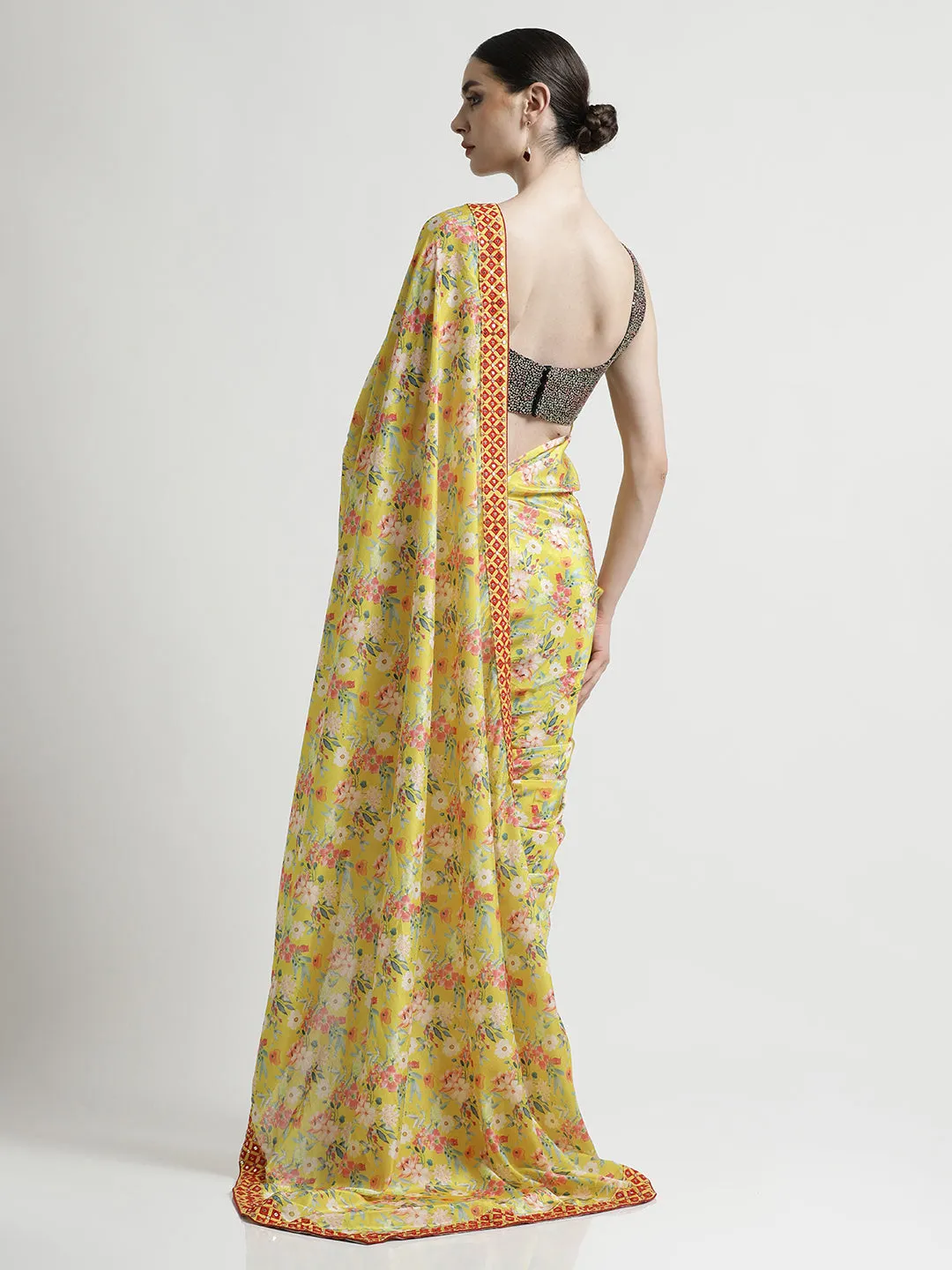 Green Satin Silk Printed Floral Mirror Work Party Wear Saree