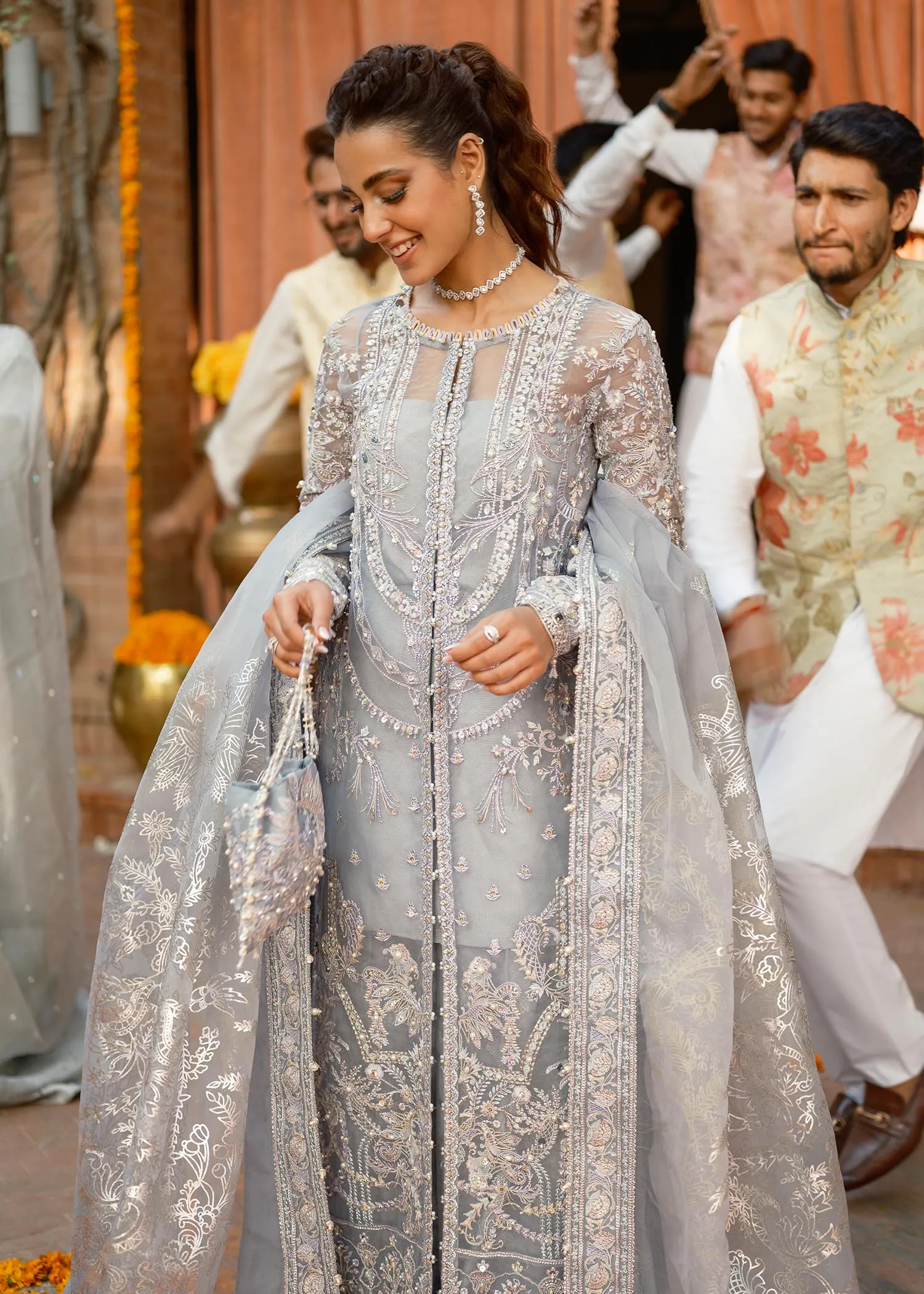 Grey Pakistani Suit in Kameez Trouser Style for Wedding