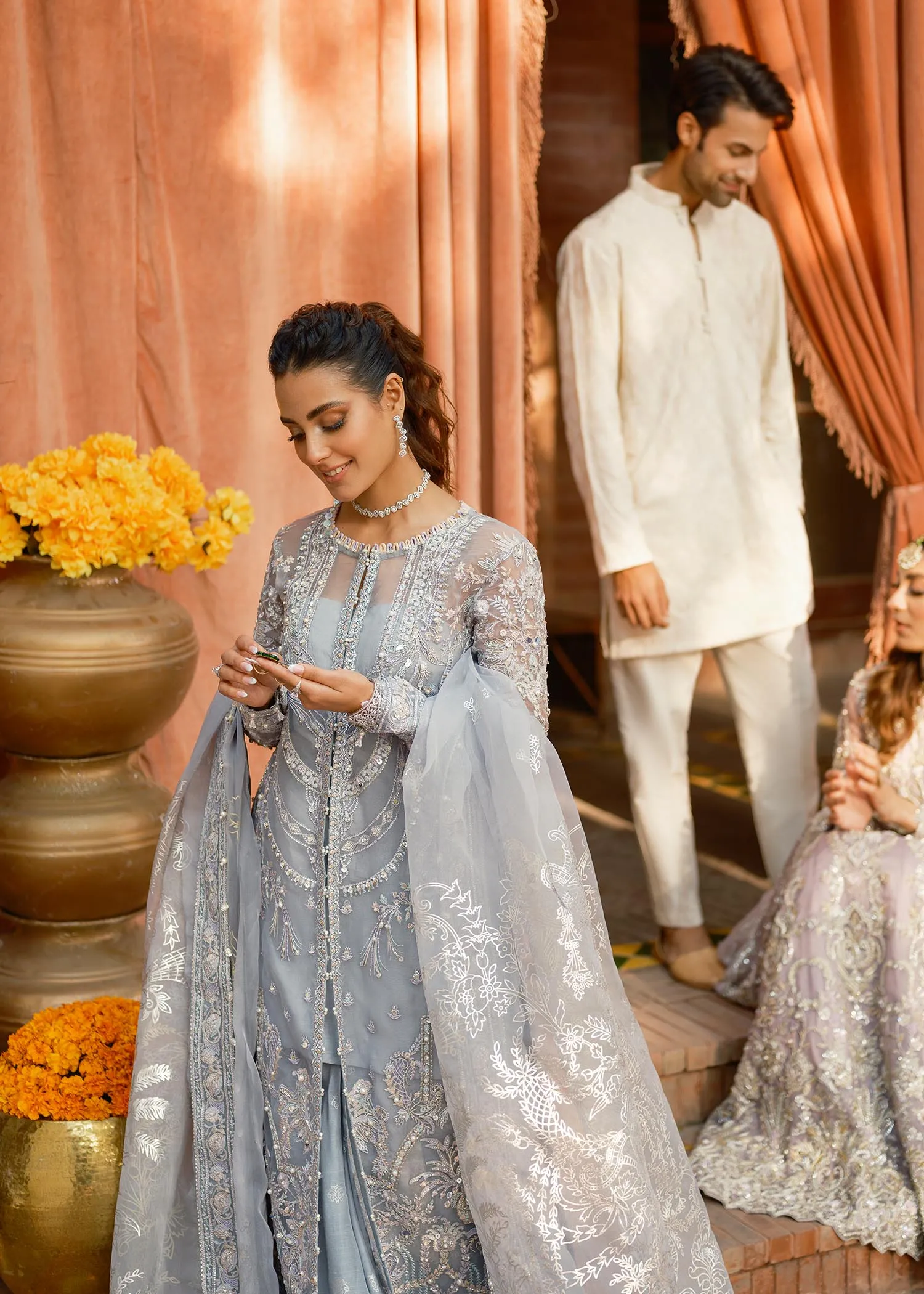 Grey Pakistani Suit in Kameez Trouser Style for Wedding