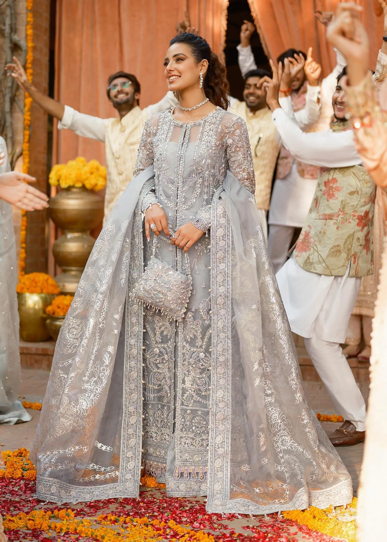 Grey Pakistani Suit in Kameez Trouser Style for Wedding