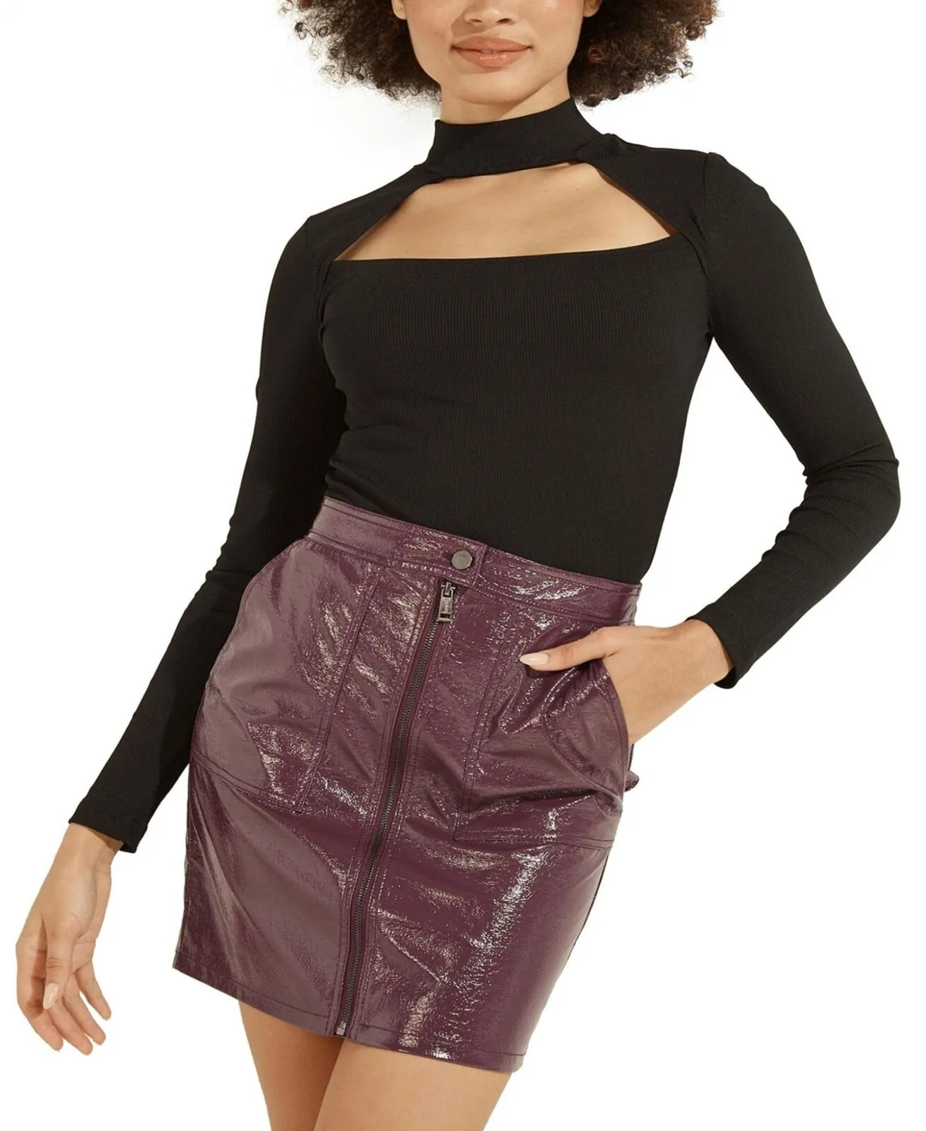Guess Womens Ilaria Rib-Knit Cutout Turtleneck Top W2RP11KAZH2