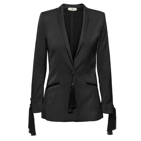 H&amp;M Tasseled One Button Tuxedo Suit Blazer Black Women's 2