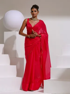 Hard to Get Fuchsia Organza Satin Saree with Bronze Piping and Blouse Fabric