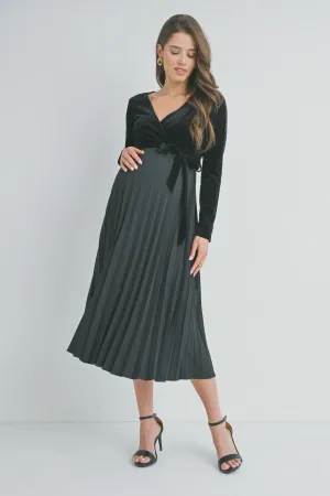 Hello Miz V-Neck Wrap Pleated Maternity Dress