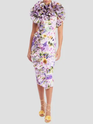 Hi Neck Print Ruffle Dress in Lilac