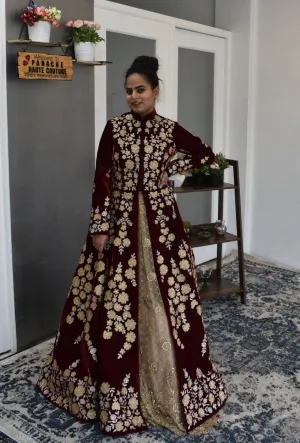 Intricate party wear embroidered Maroon-colored front slit lehenga style suit