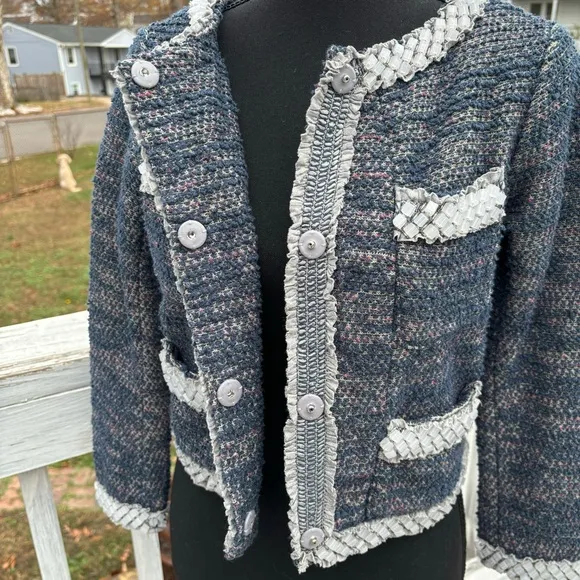 Isani Anthropologie Womens Blue Cropped Tweed Beaded Blazer Jacket Size XS