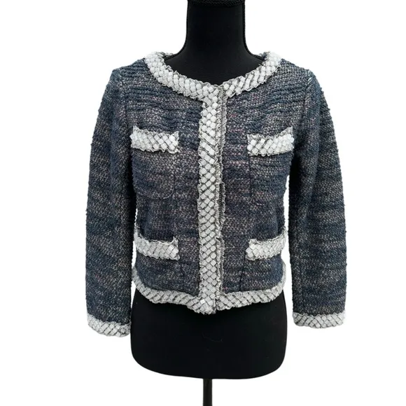 Isani Anthropologie Womens Blue Cropped Tweed Beaded Blazer Jacket Size XS