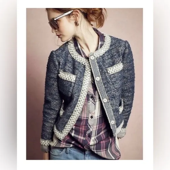 Isani Anthropologie Womens Blue Cropped Tweed Beaded Blazer Jacket Size XS