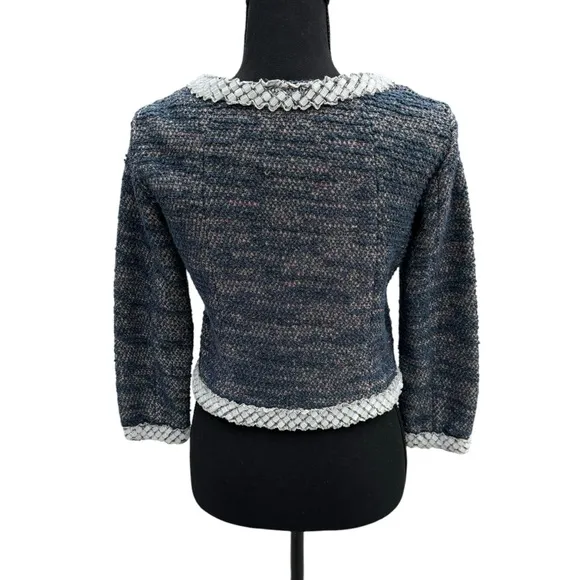 Isani Anthropologie Womens Blue Cropped Tweed Beaded Blazer Jacket Size XS