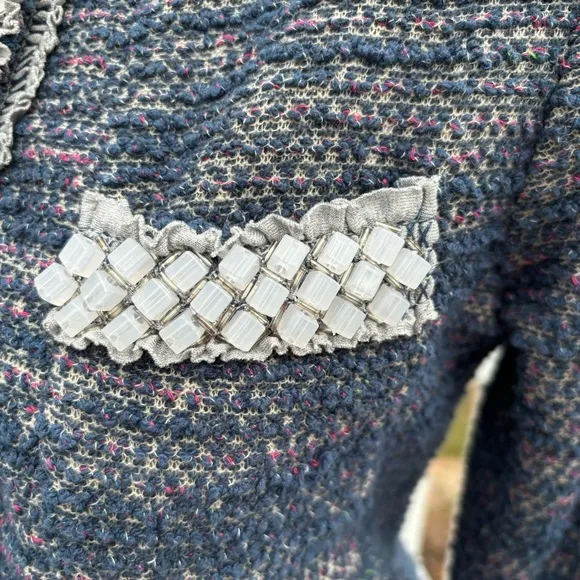 Isani Anthropologie Womens Blue Cropped Tweed Beaded Blazer Jacket Size XS