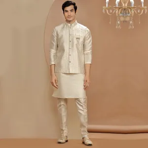 Ivory Artsilk Kurta Pajama Set With Embroidered Jacket