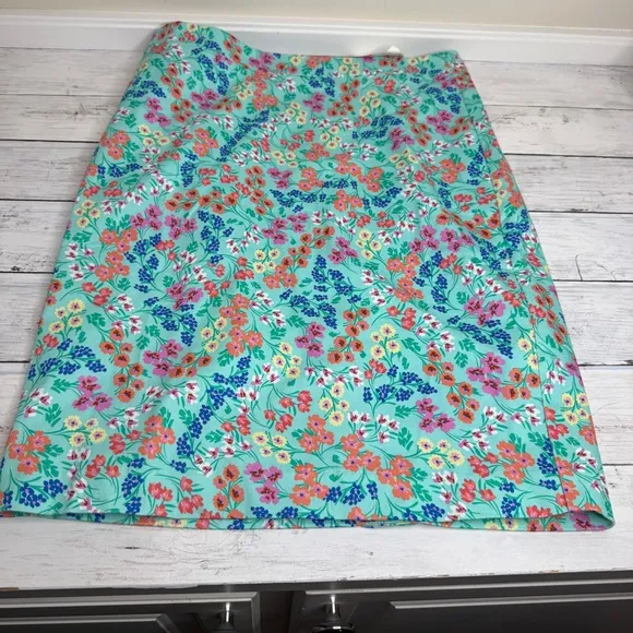 J. Crew teal blue skirt, colorful floral print