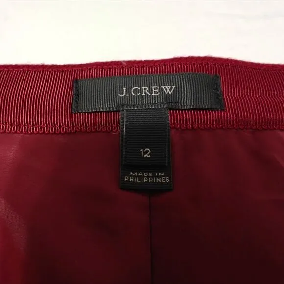 J. Crew 100% Wool Burgundy Red Pencil Skirt Asymmetrical zip front SZ 12