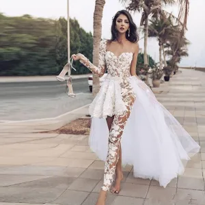 Jumpsuits Boho Wedding Dress With Lace Appliques One Shoulder And Lace Overskirt