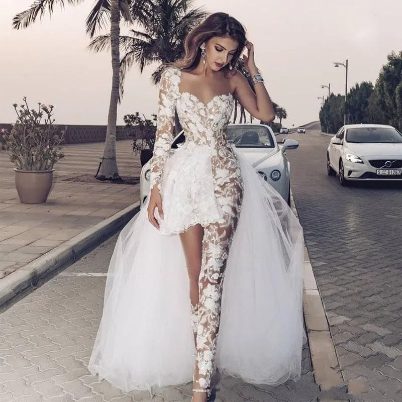 Jumpsuits Boho Wedding Dress With Lace Appliques One Shoulder And Lace Overskirt