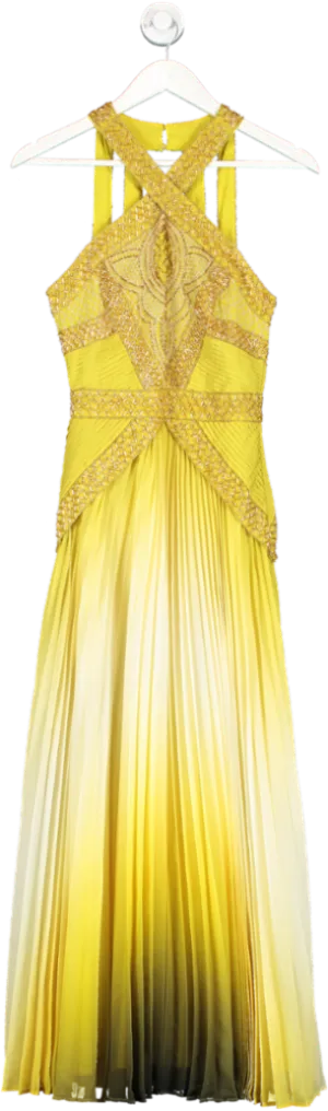 Karen Millen Yellow Geo Embellished Ombre Pleated Woven Maxi Dress BNWT UK 6