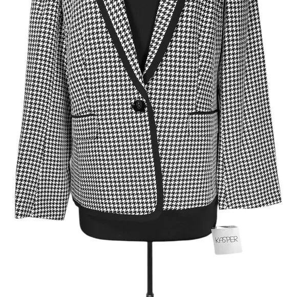 Kasper Women's Blazer Black White Houndstooth Check Career Suit Jacket 14 NWT